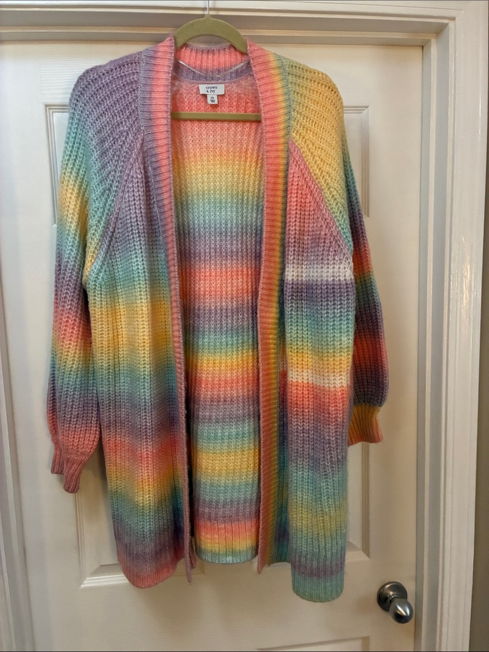 Crown & Ivy Pastel Rainbow Open Waffle-Knit Cardigan 2X